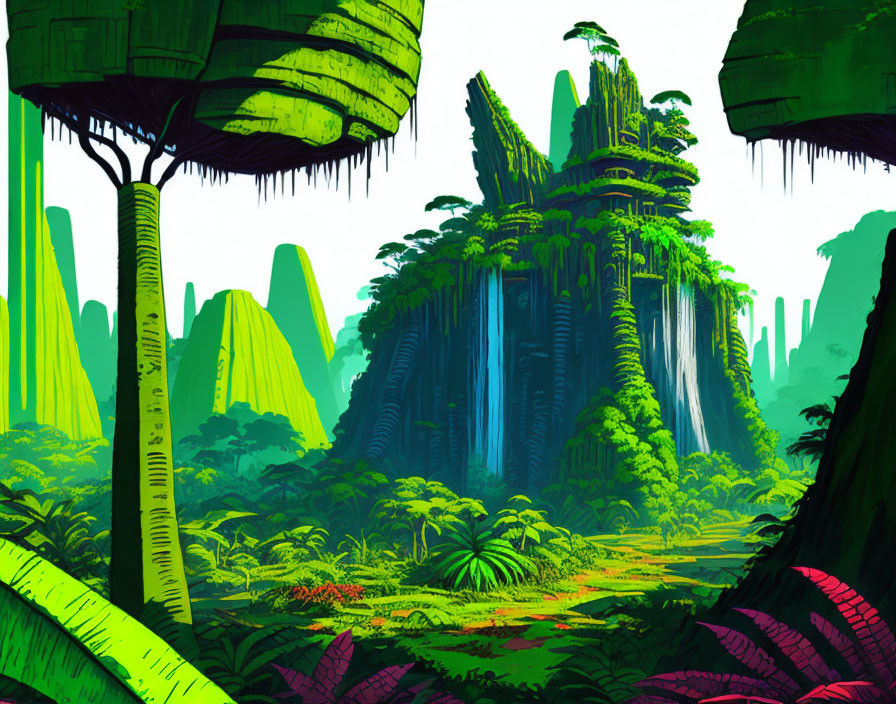 Colorful Alien Jungle with Towering Trees & Waterfalls