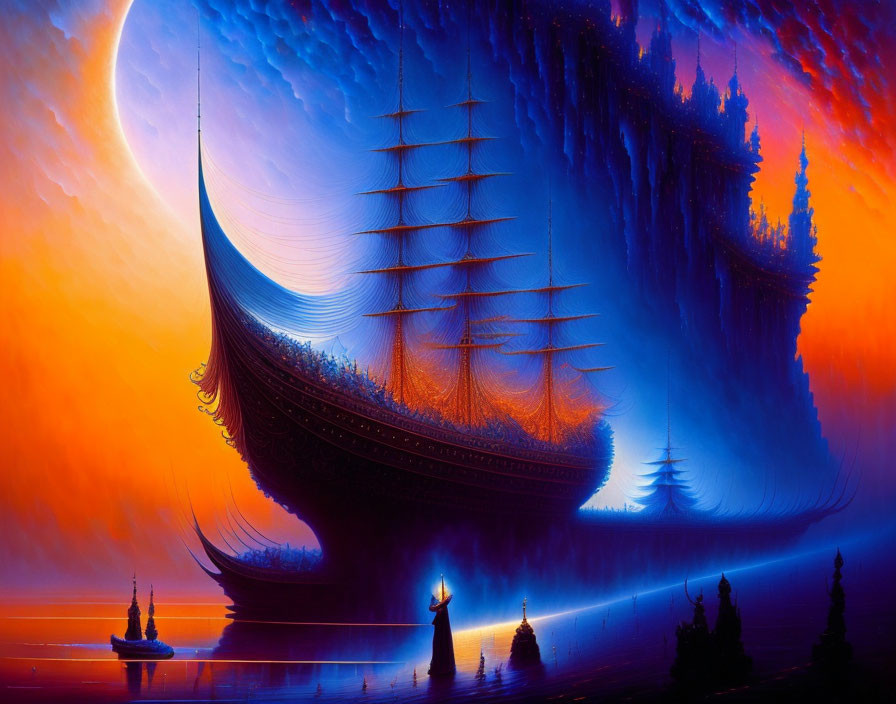 Digital Art: Majestic ships with towering sails in dreamlike space