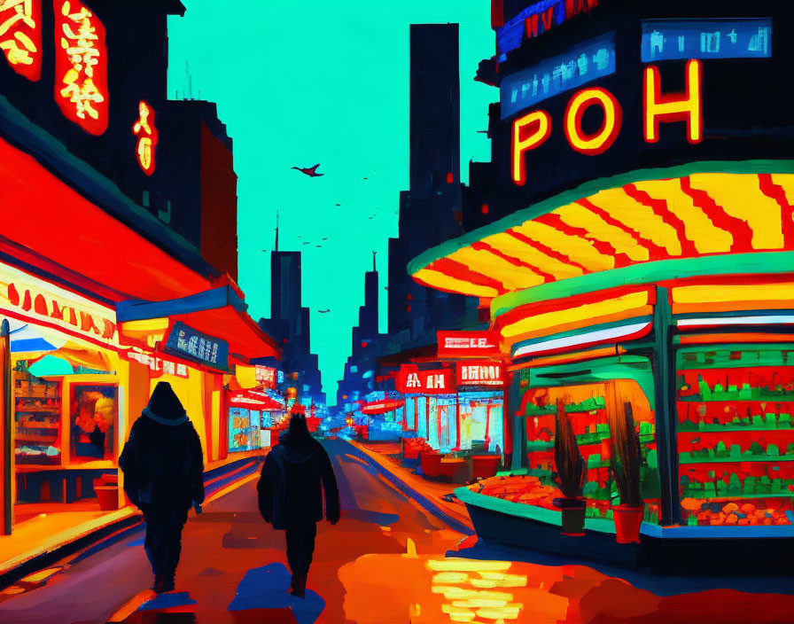 Colorful city street painting: neon signs, pedestrians, silhouetted buildings at night