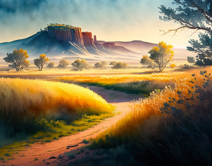 Golden grass field and mesa under soft sunrise.