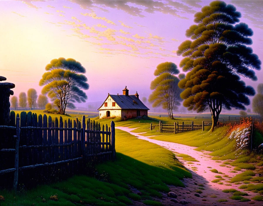 Tranquil Dusk Landscape with Path to Cozy Cottage