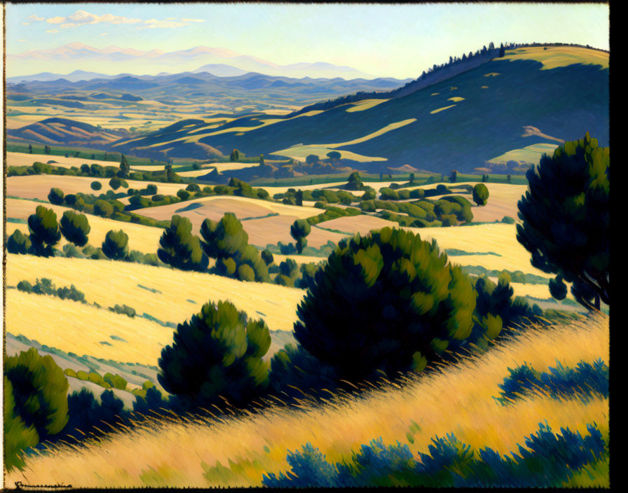 Vibrant painting of rolling hills, fields, and trees under a vast sky