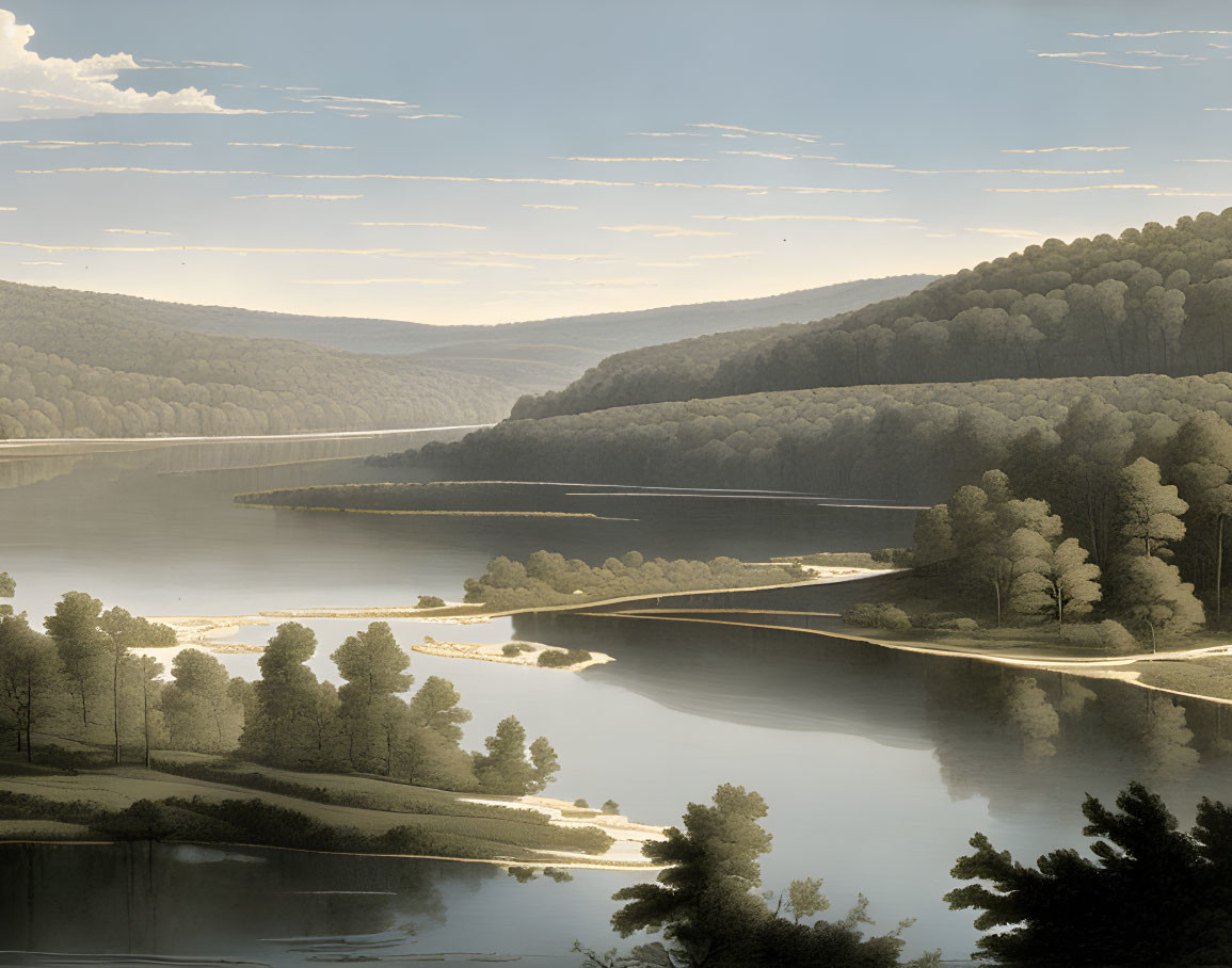 Tranquil forest lake with sandbar in soft light