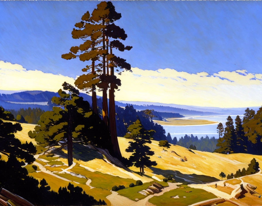 Scenic landscape painting of conifer trees on sunlit hillside