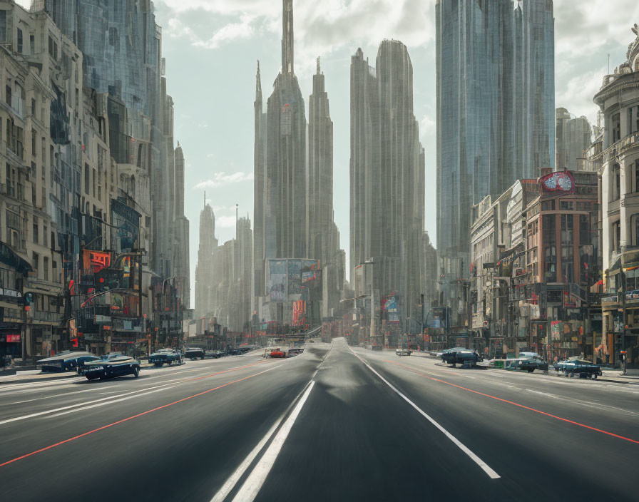 Wide city avenue with skyscrapers under dramatic sky