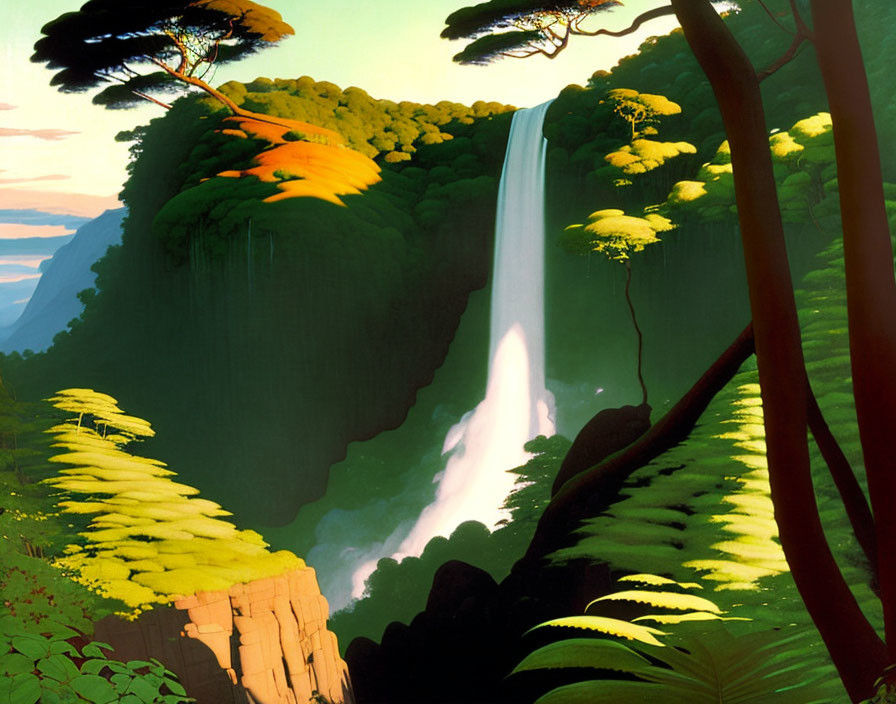 Vibrant forest illustration with waterfall and lush greenery