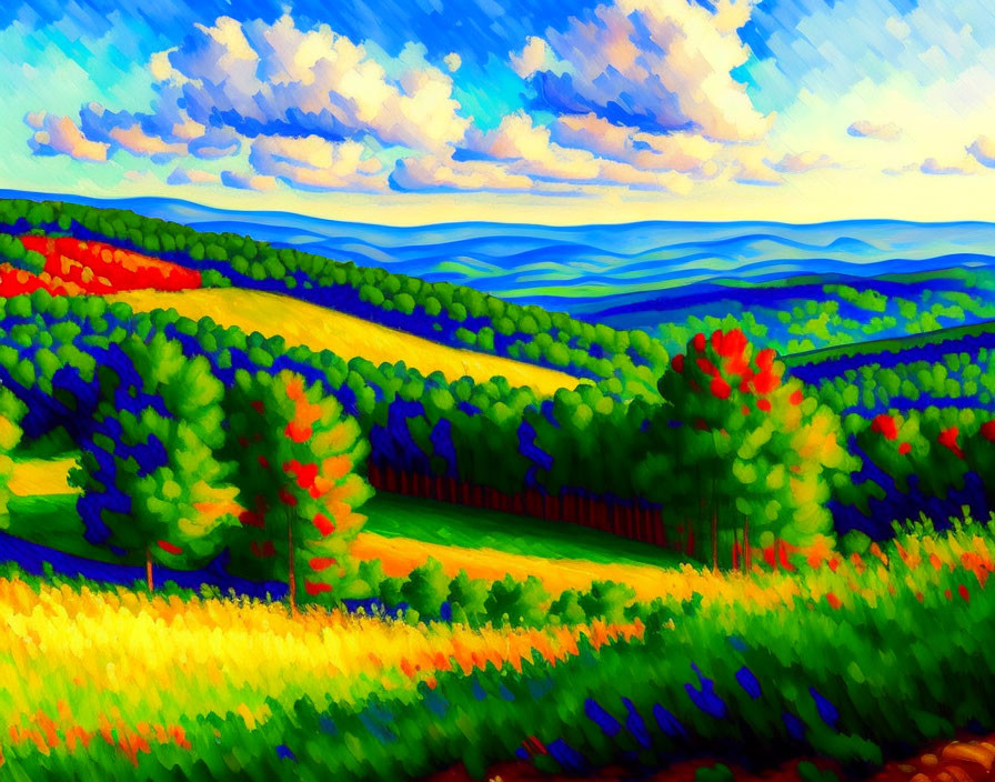 Impressionist-style landscape painting with rolling hills and colorful trees