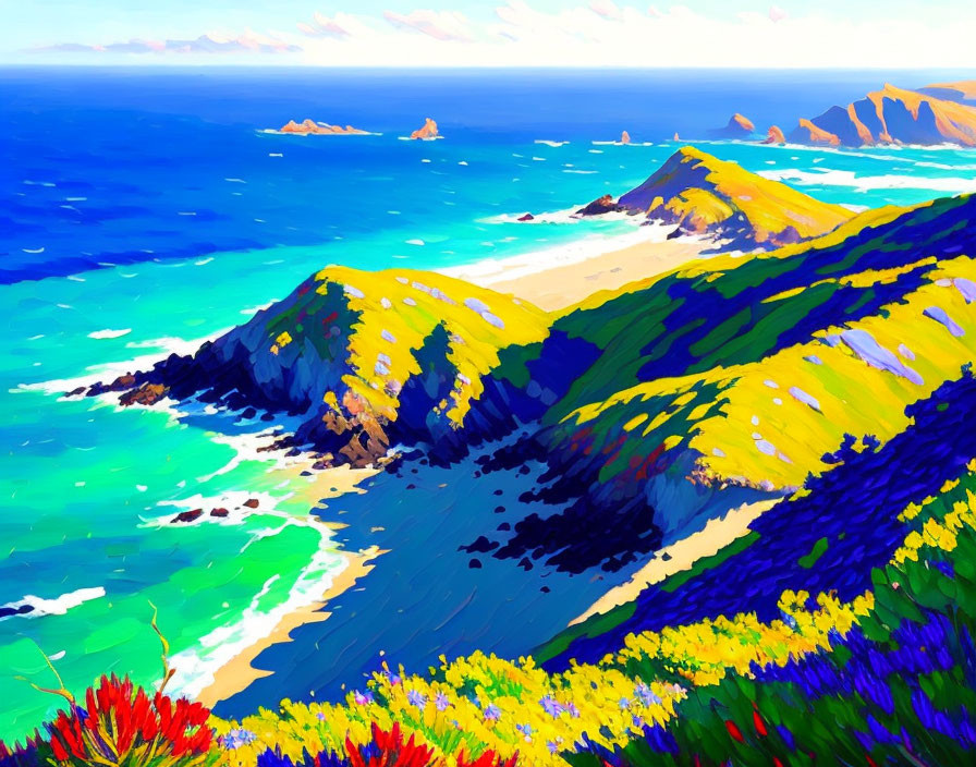 Colorful Coastal Landscape Painting with Seas, Hills, and Wildflowers