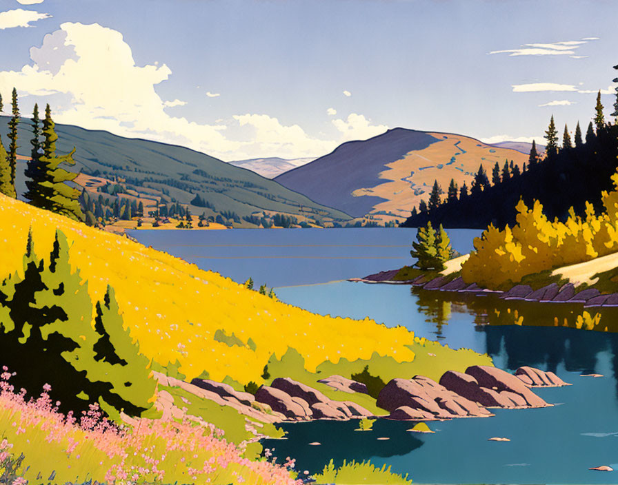 Tranquil landscape with river, meadows, pine trees, and hills