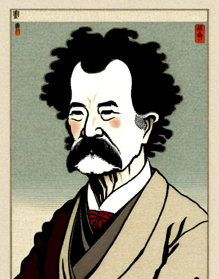 Man in Kimono with Bushy Mustache in Woodblock Style