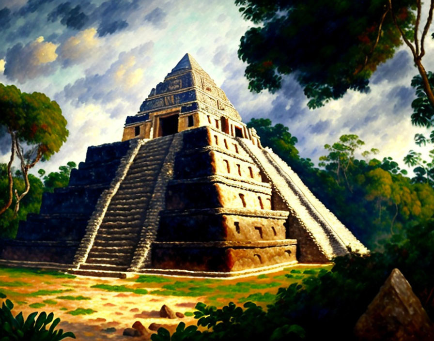 Ancient Mayan pyramid in lush tropical setting with dramatic sky