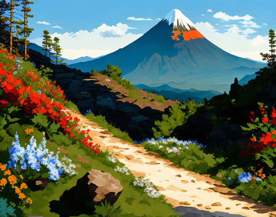 Colorful mountain illustration with snowy peak and wildflowers on rocky path