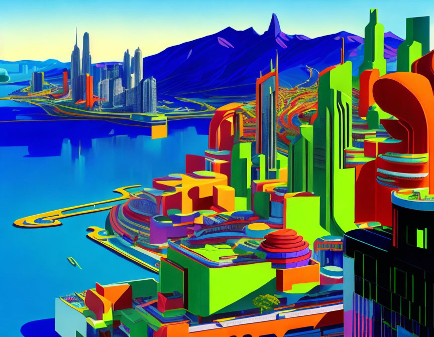 Colorful Futuristic Cityscape with Waterfront and Mountains