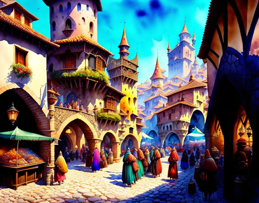 Medieval marketplace with townsfolk, stalls, and castles under blue sky