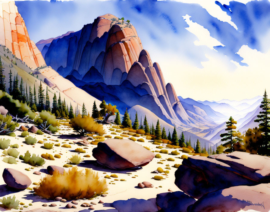 Rocky desert landscape watercolor painting with cliffs and boulders.