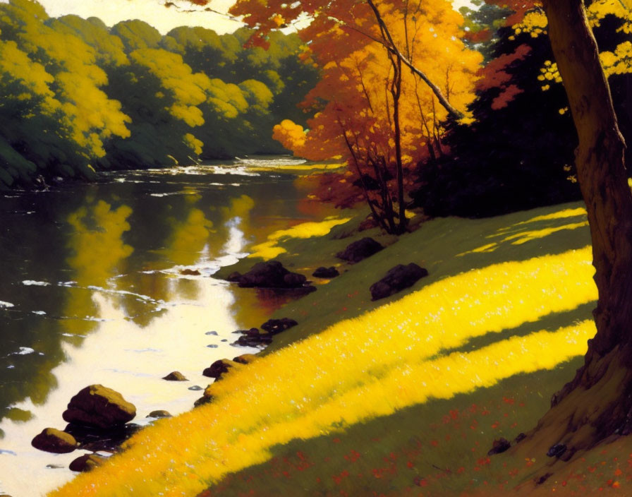 Vibrant autumn river landscape with colorful foliage