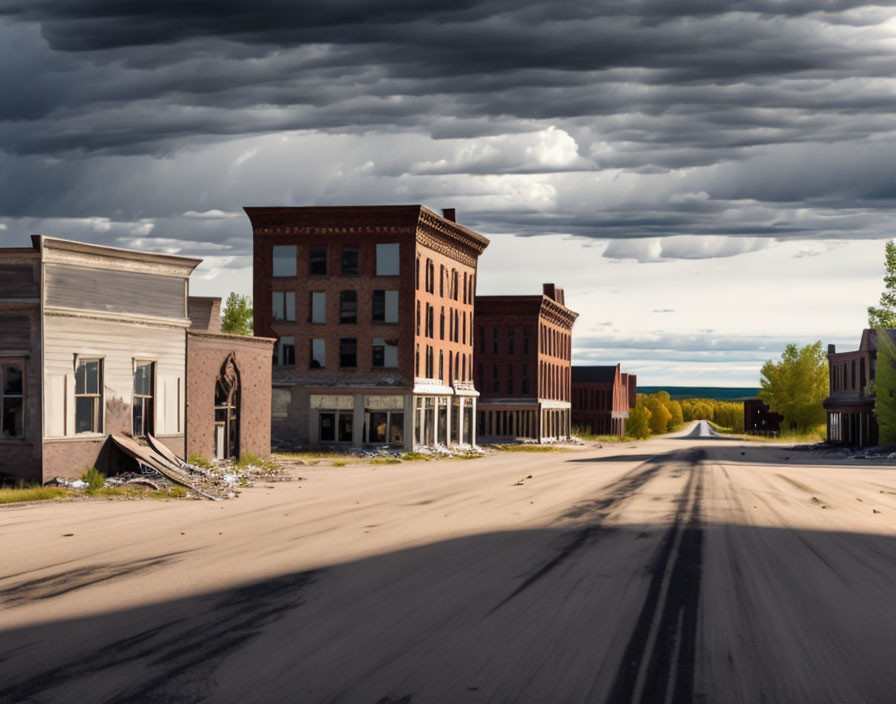 Desolate townscape with deserted streets and decaying structures under stormy sky