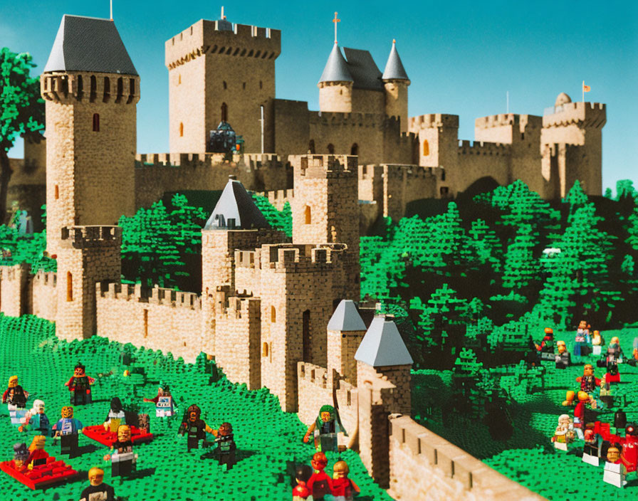 Colorful Lego castle with towers and walls in green landscape under blue sky