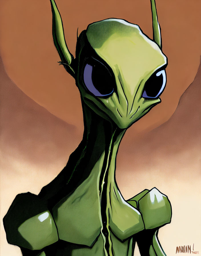 Stylized green alien with black eyes on orange background