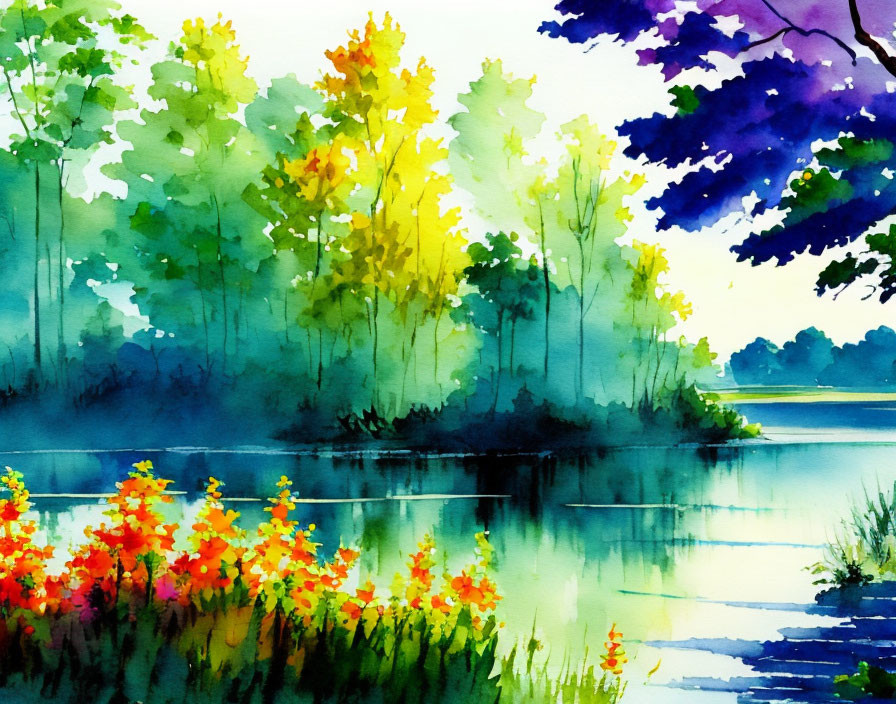 Serene lakeside watercolor with vibrant trees and flowers