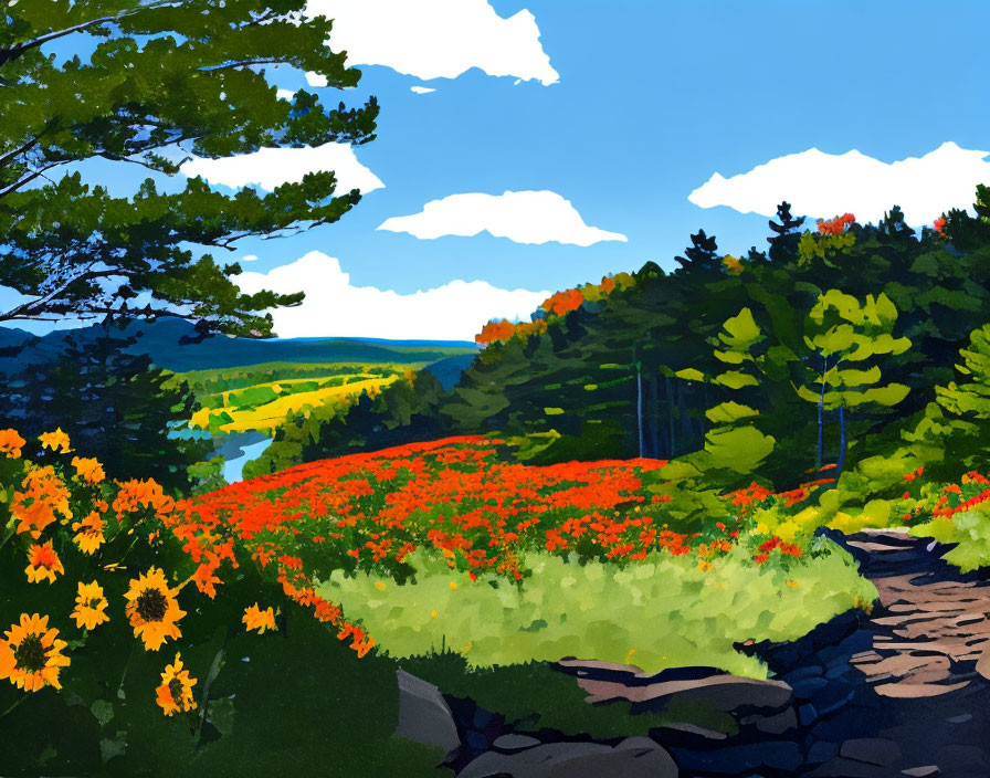 Scenic landscape illustration with stone path, orange flowers, green trees, and river under blue sky