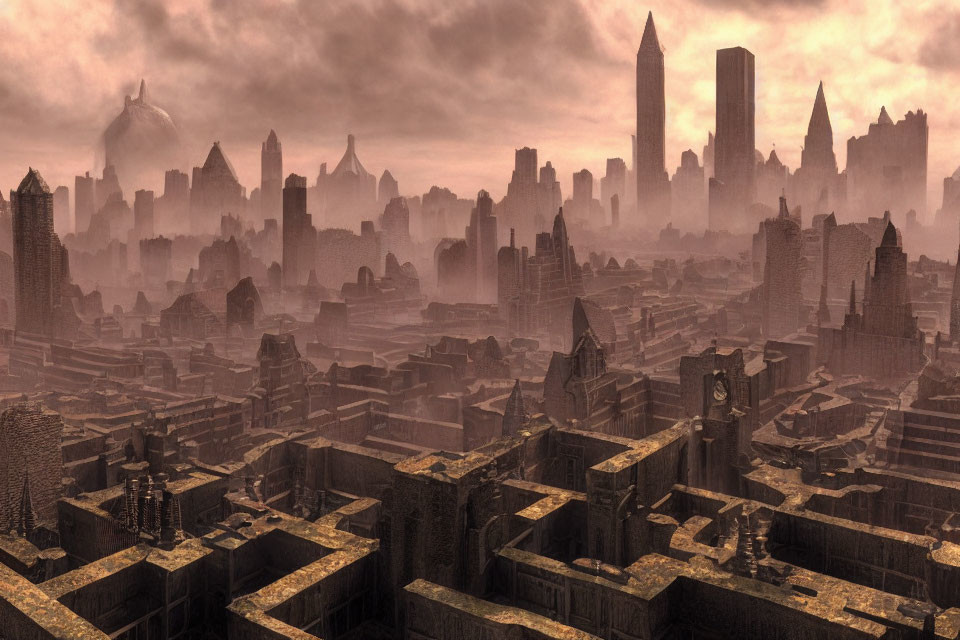 Dystopian cityscape with smog-covered high-rise buildings