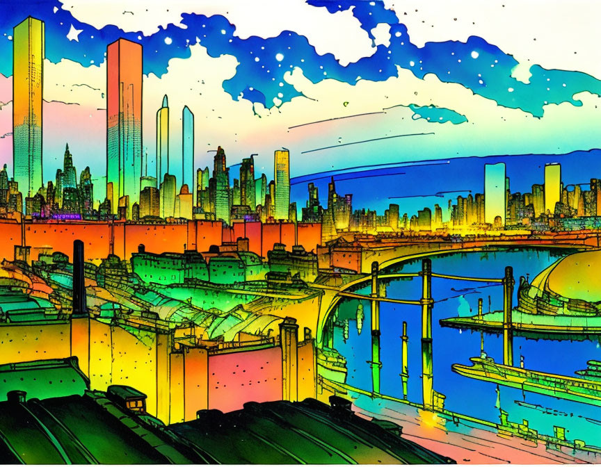 Colorful comic-style cityscape illustration at dusk