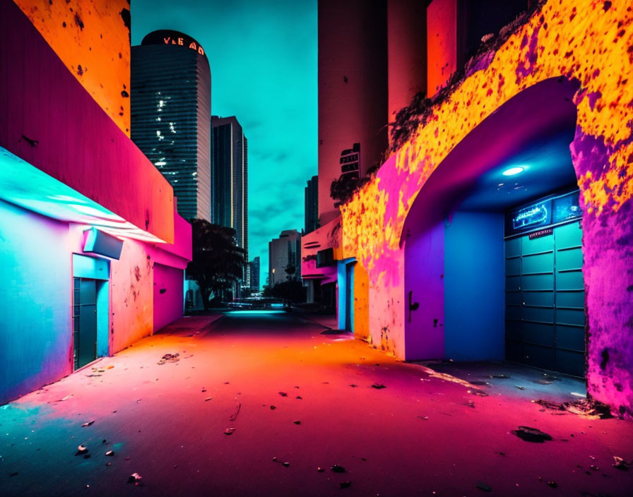 Neon-lit urban alley with vibrant pink and blue lights