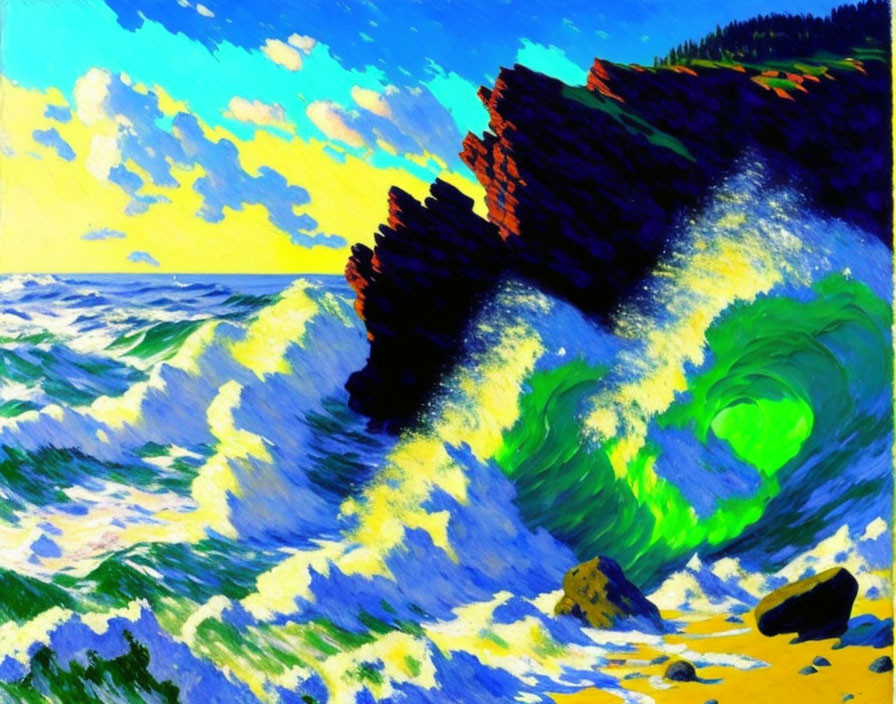 Colorful coastal seascape painting with swirling green wave and rocky cliffs