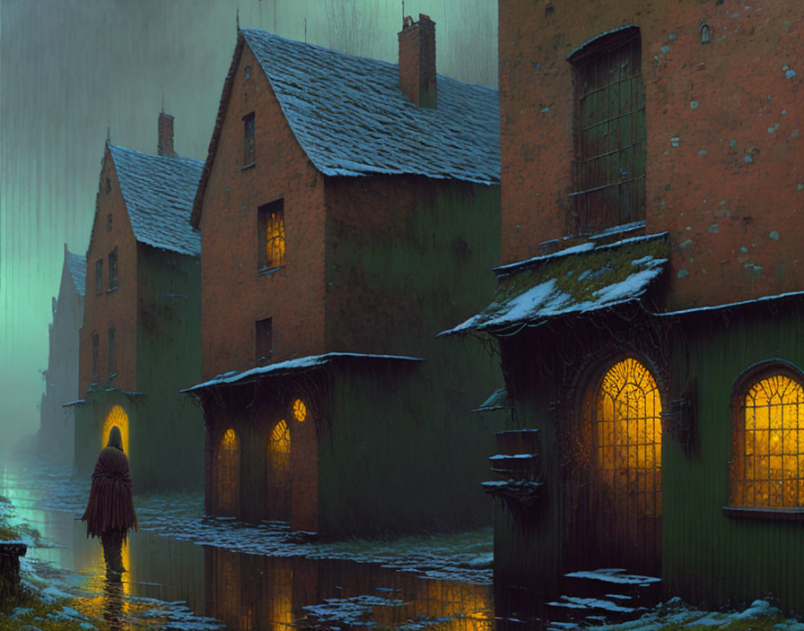 Cloaked figure in cobblestone alley at twilight