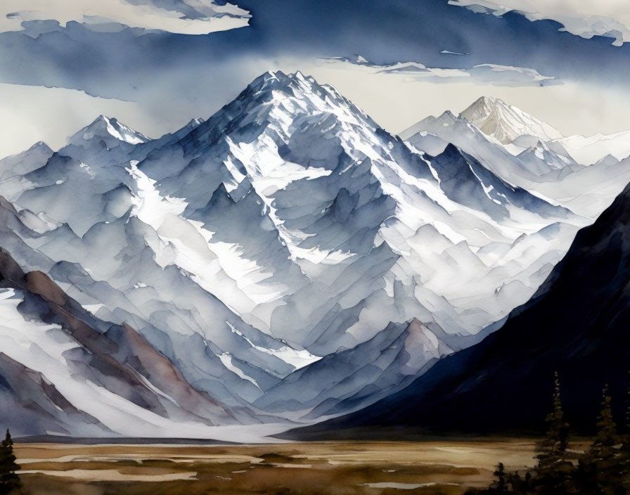 Majestic mountain range watercolor painting in blue and white