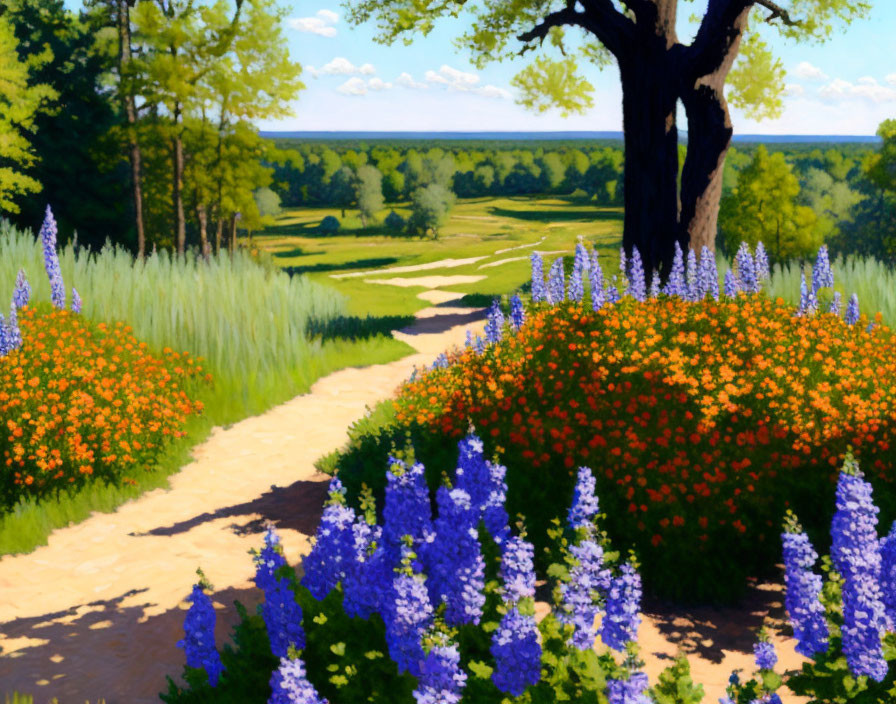 Scenic pathway painting with lush meadow and blue sky