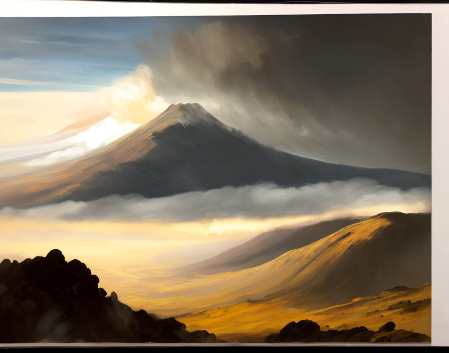 Cloud-covered mountain with golden foreground and stormy sky