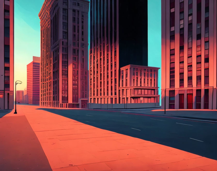 Empty cityscape at sunset with tall buildings and long shadows