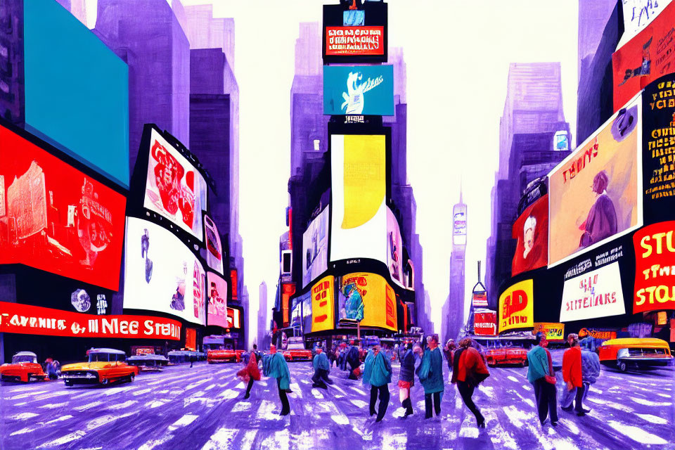 Colorful Times Square scene with pedestrians and illuminated billboards.