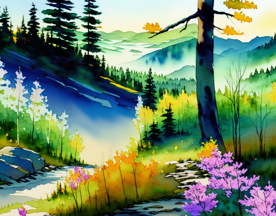 Vibrant watercolor landscape with serene river and autumnal forest