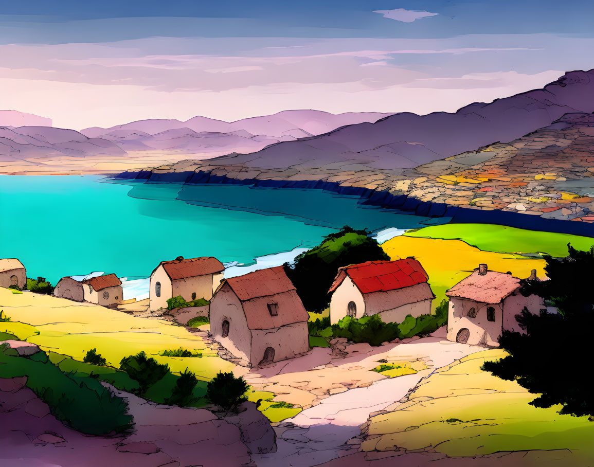 Colorful coastal village with red-roofed houses by the bay and rolling hills