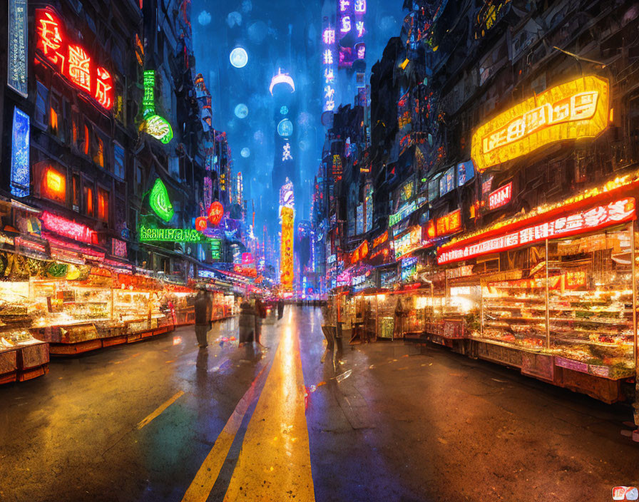 Busy City Street at Night with Neon Signs and Shops