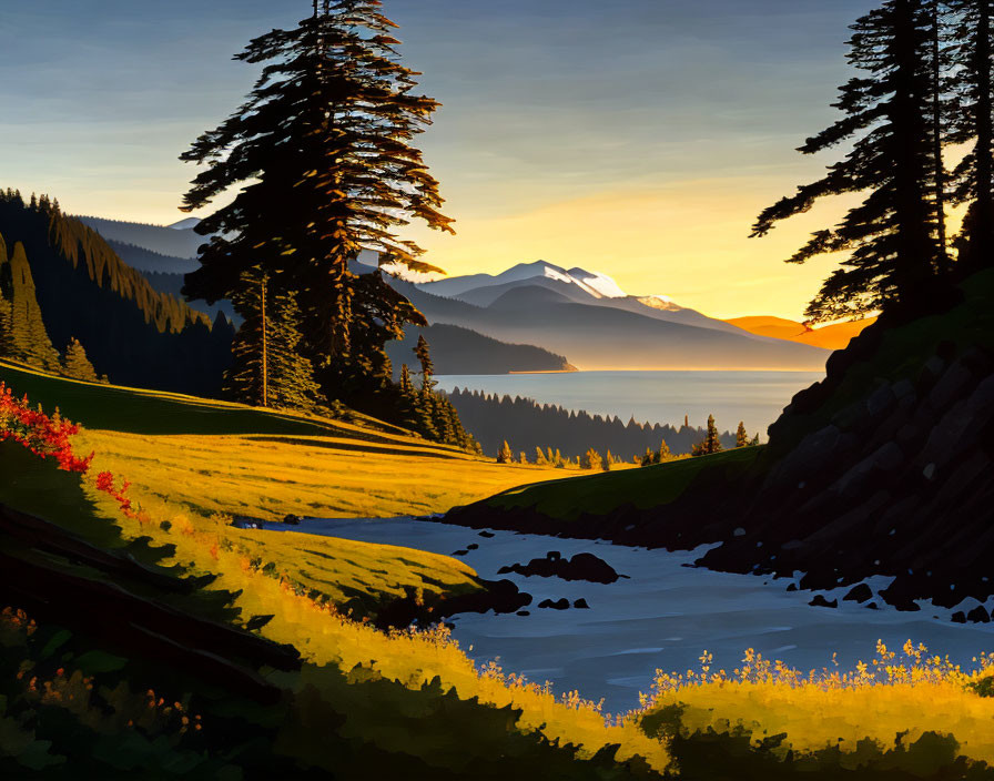 Serene river, meadow, mountains: Golden sunset landscape