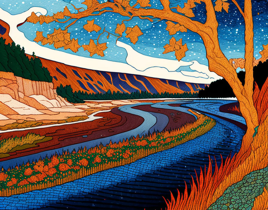 Colorful illustration: river, orange tree, starry sky, cliff, bold patterns