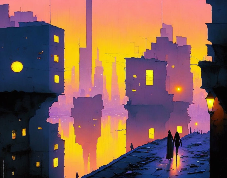 Silhouetted Figures in Vibrant Urban Futuristic Landscape