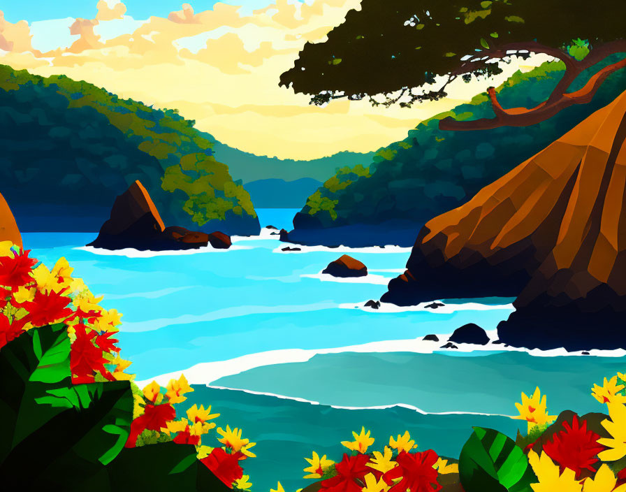 Tropical beach illustration with blue waters, greenery, cliffs, and flowers