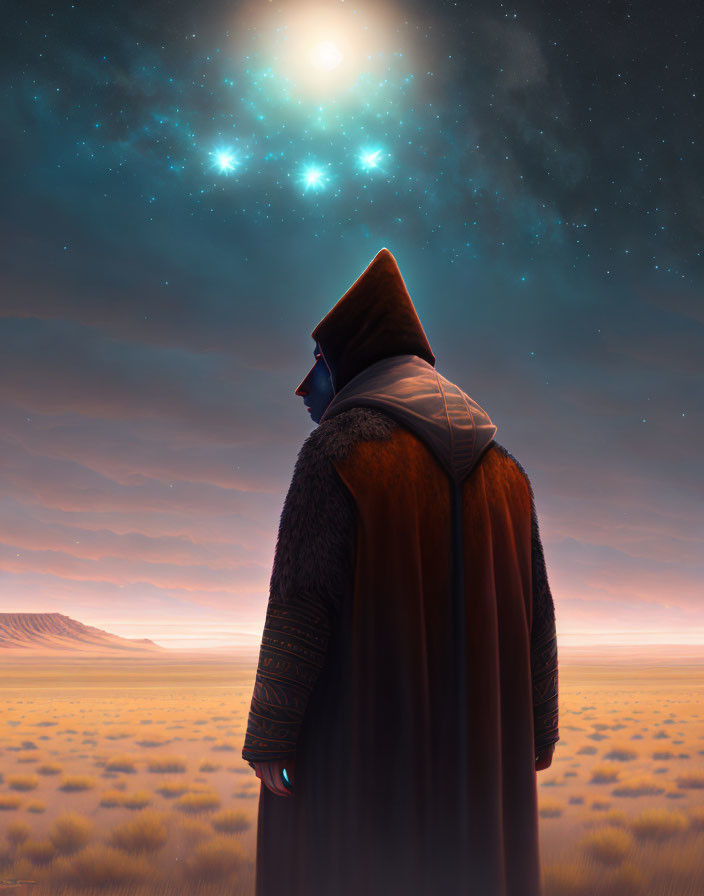 Cloaked figure in desert at twilight under starry sky