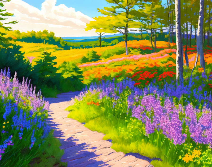 Scenic Path with Purple Wildflowers and Colorful Trees