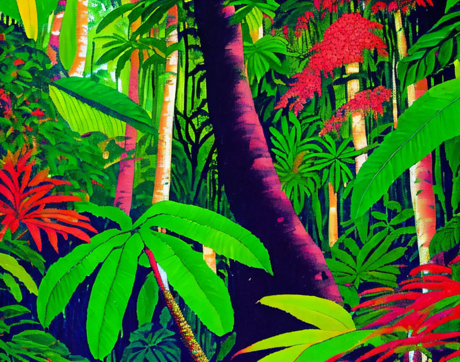 Lush tropical jungle with vibrant green, red, and purple plants