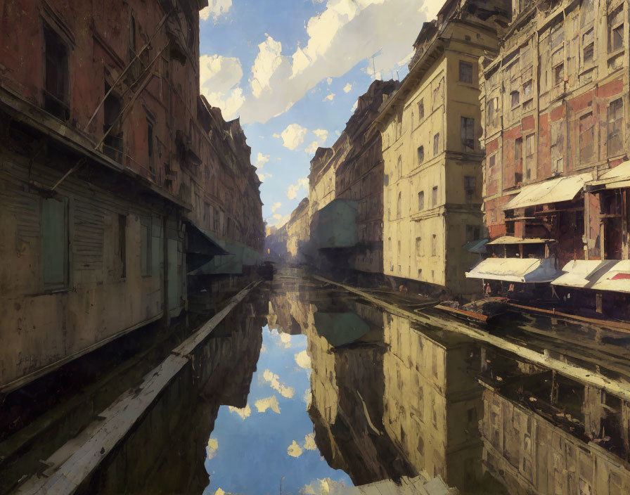 Tranquil canal scene with old buildings and cloudy sky