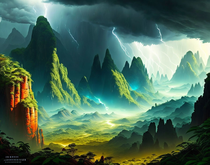 Fantasy landscape with green mountains, storm, and mystical glow