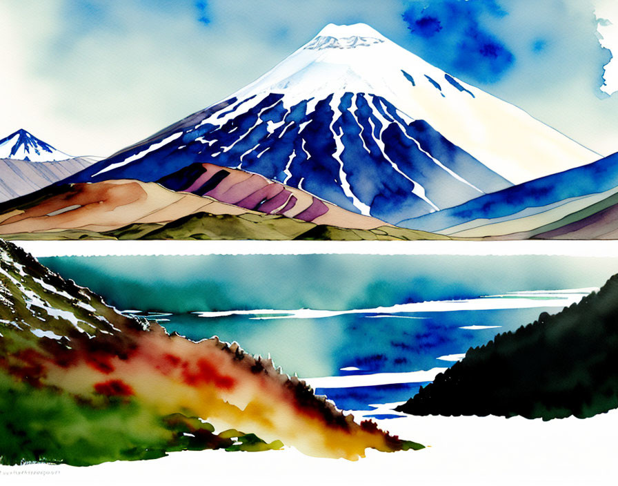 Vibrant watercolor of peaceful mountain scene with snowy peak and lake