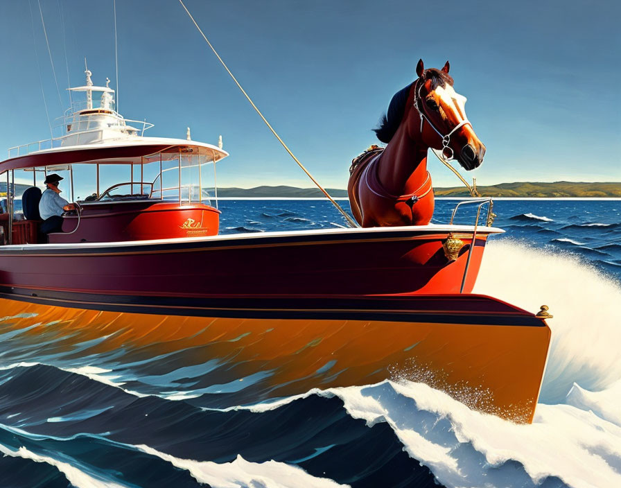 Illustration of horse on boat with blue sky, sea, and person at helm