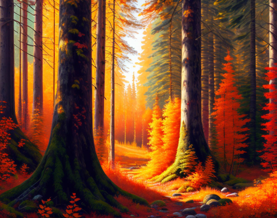 Vivid autumn forest scene with towering trees and fallen leaves